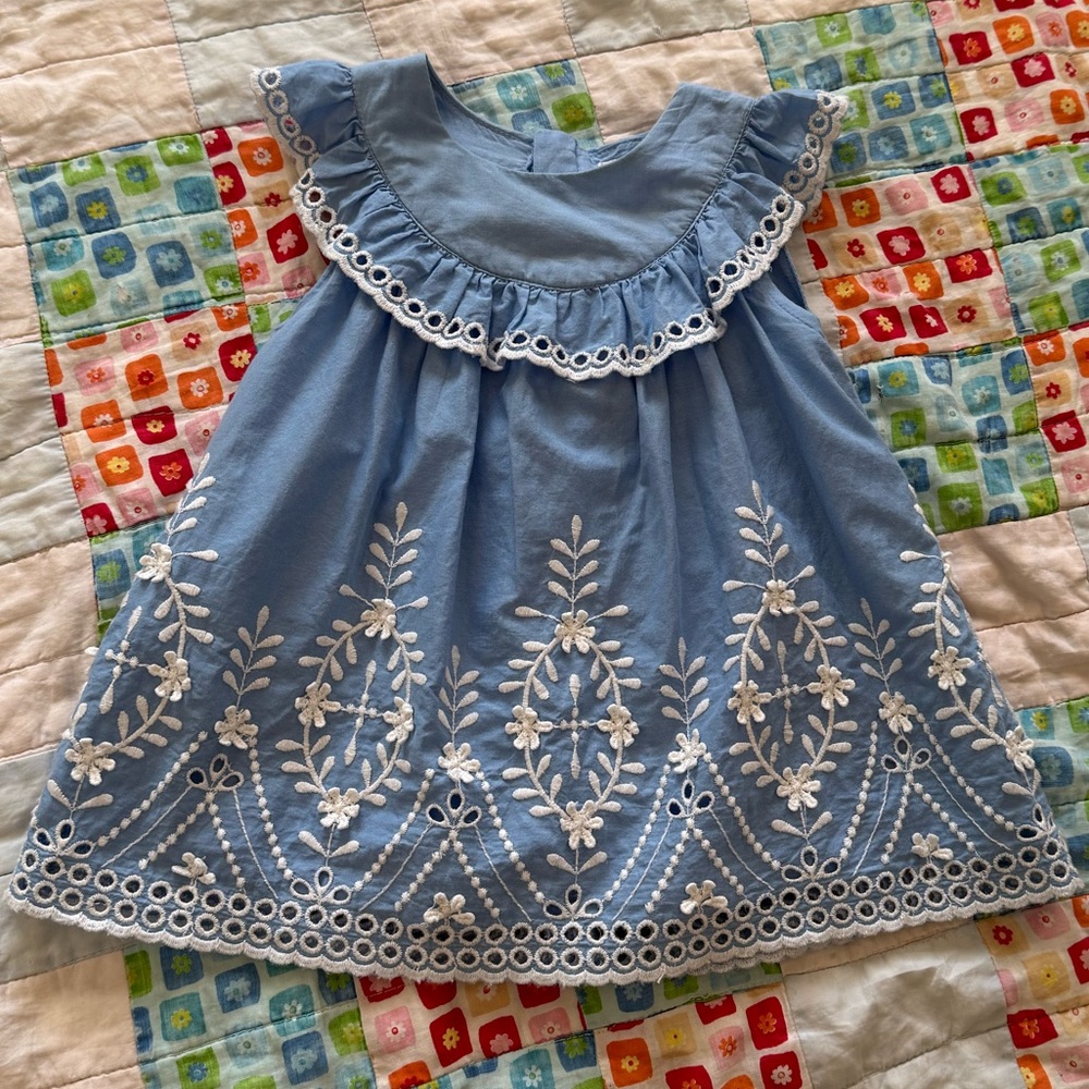 Mayoral Light Blue Embroidered Eyelet Ruffle Dress
